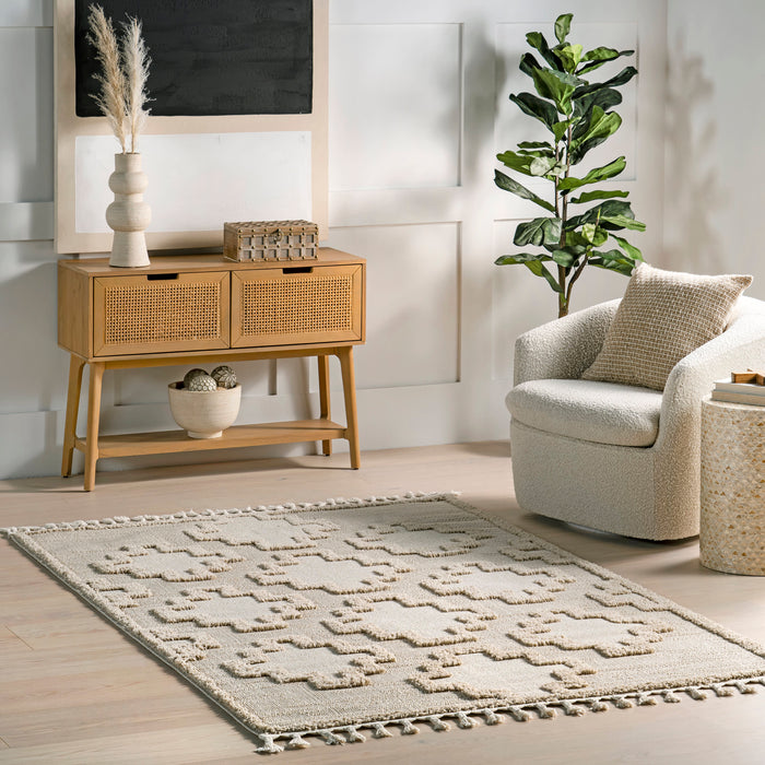 Beige Geometric Tasseled Area Rug 160x230 cm