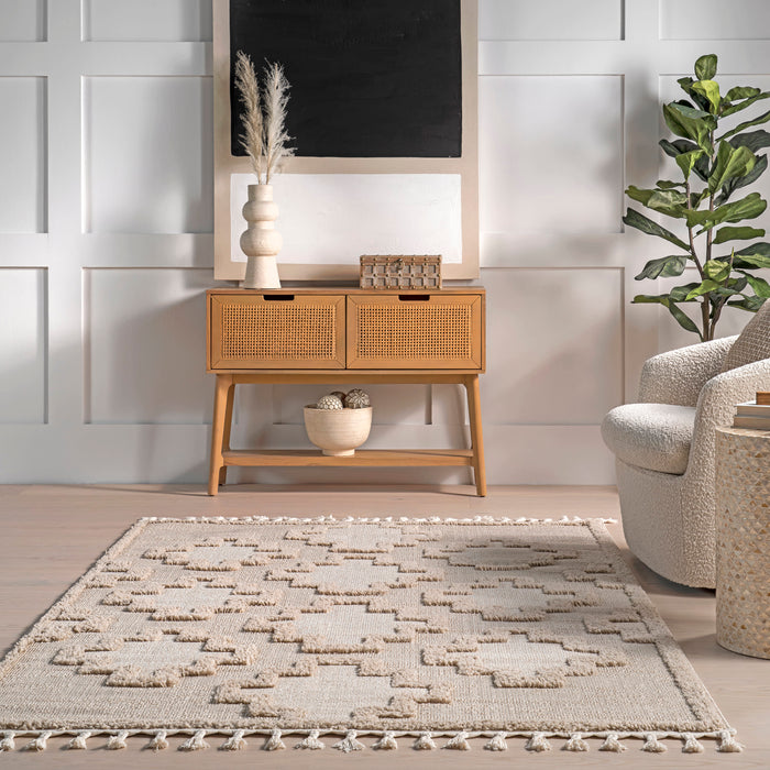 Beige Geometric Tasseled Area Rug 160x230 cm