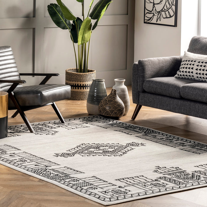 Beige Graphic Area Rug With Ornate Border Design