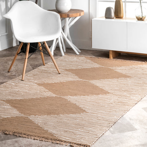 Beige Handmade Cotton Rug with Diamond Pattern