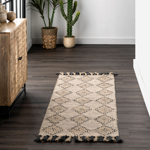 Beige Handmade Harlequin Rug with Tassels