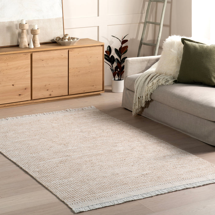 Beige Handwoven Wool Polyester Fringed Area Rug