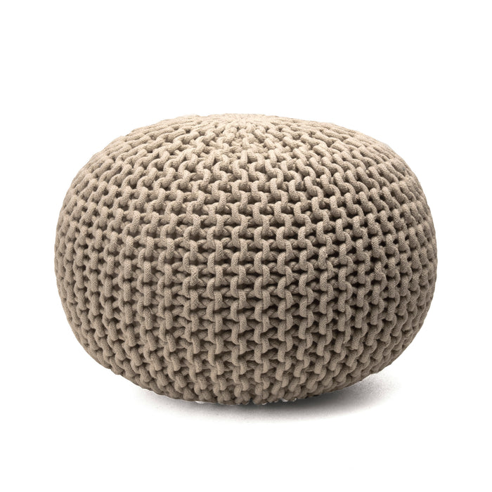 Beige Knitted Cotton Pouf For Living Room Seating