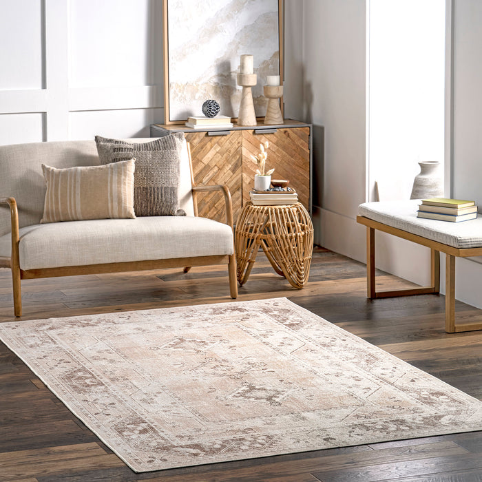 Beige Machine Washable Medallion Area Rug for Busy Homes