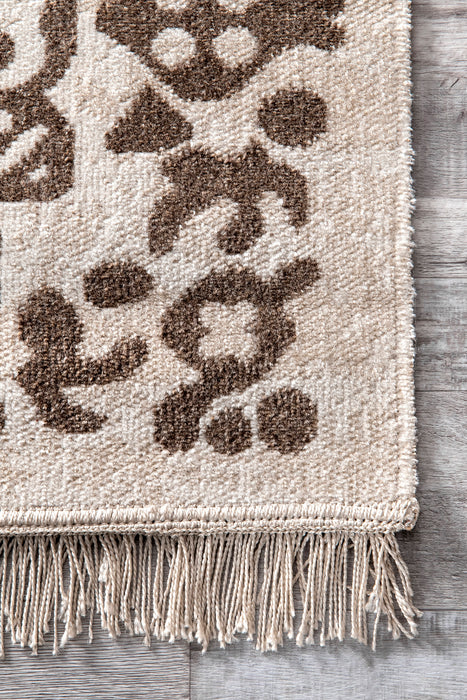 Beige Medallion Tassel Rug for Indoor and Outdoor Use