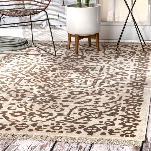 Beige Medallion Tassel Rug for Indoor and Outdoor Use