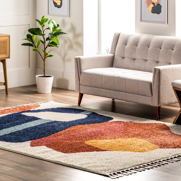 Beige Modern Abstract Area Rug with Tassels and Unique Design