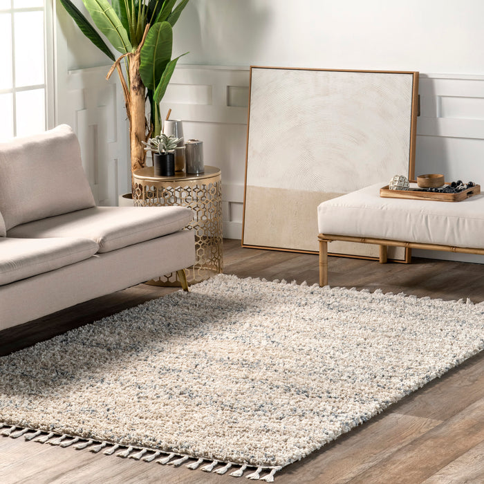 Beige Shag Rug With Tassels For Home Decor