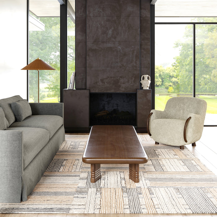 Beige Striped Tile Area Rug In Hand-Hooked Wool