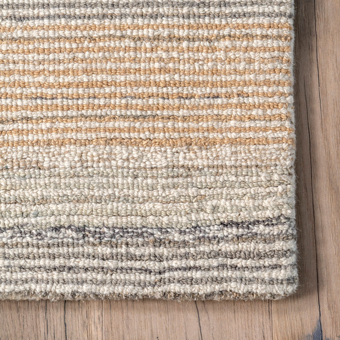 Beige Striped Tile Area Rug In Hand-Hooked Wool