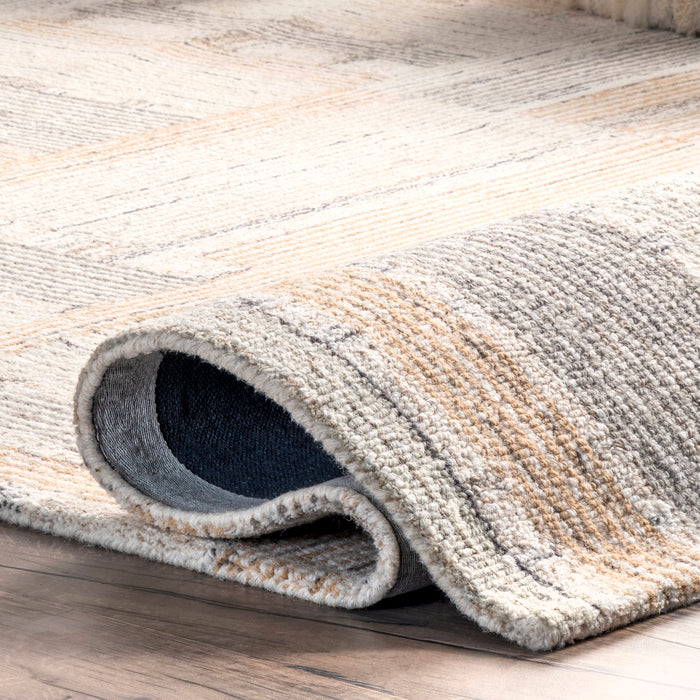 Beige Striped Tile Area Rug In Hand-Hooked Wool