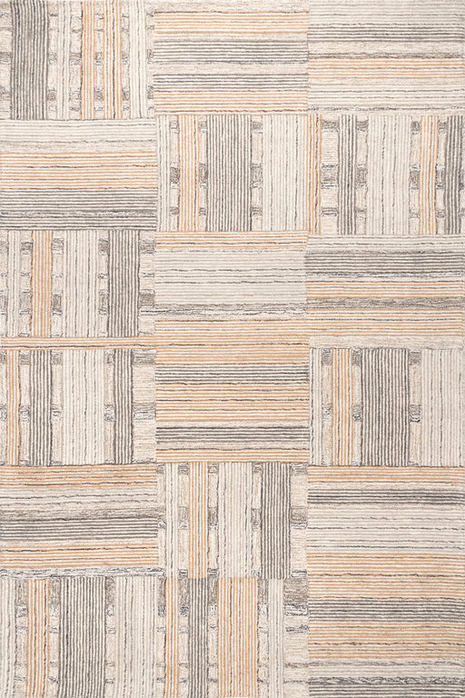 Beige Striped Tile Area Rug In Hand-Hooked Wool