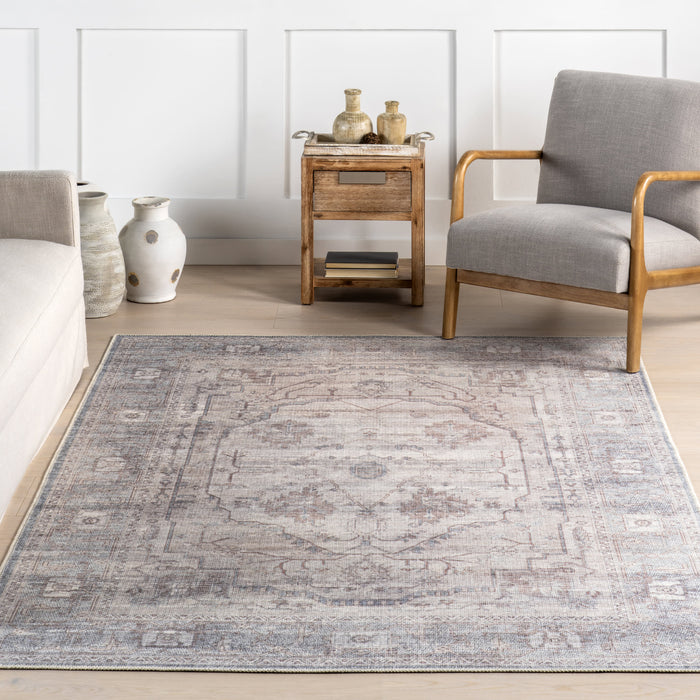 Beige Tabby Medallion Area Rug Machine Washable 80x150 cm