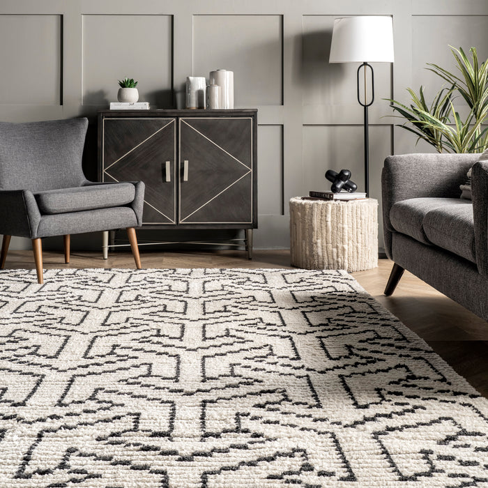 Beige Tasseled Area Rug With Modern Tessellation Pattern