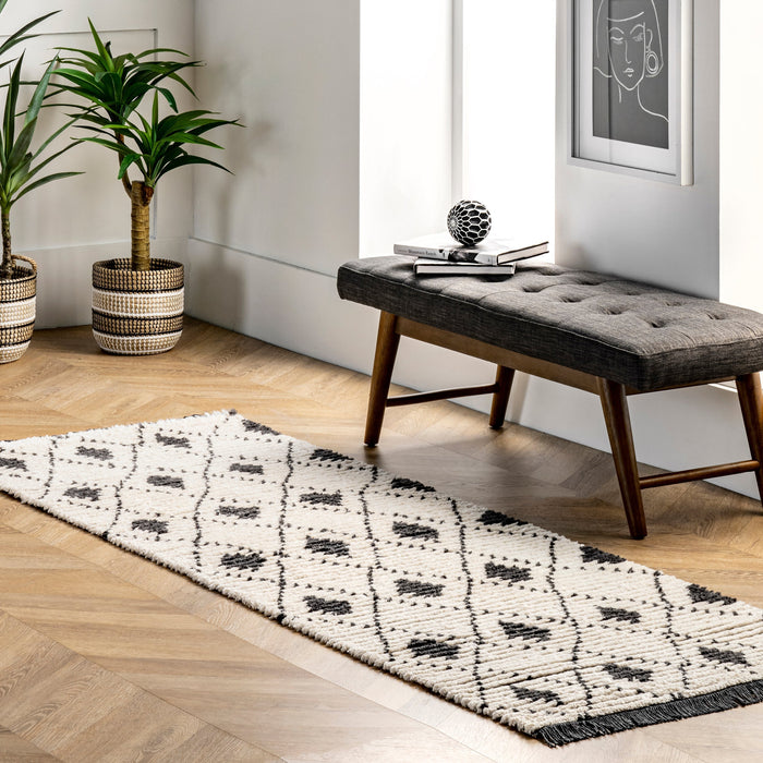 Beige Trellis Pattern Rug with Tassels for Living Room