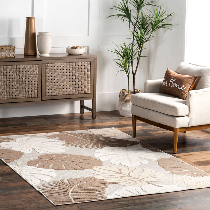 Beige Tropical Leaf Indoor Outdoor Area Rug 150x90 cm