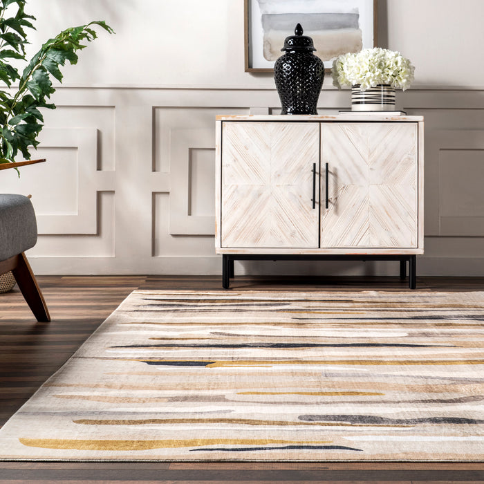 Beige Washable Rug With Watercolor Strokes Design