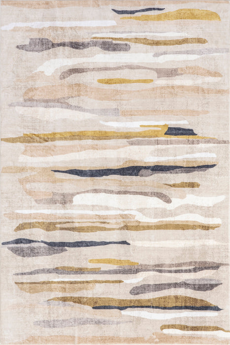 Beige Washable Rug With Watercolor Strokes Design