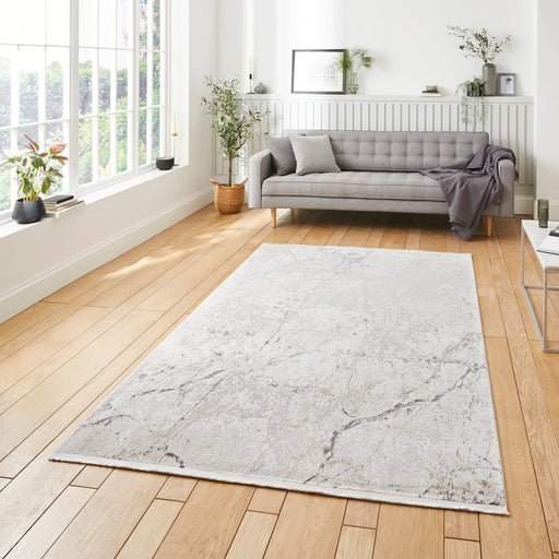 Bellagio 9141 Modern Abstract Distressed Marbled Metallic Shimmer Textured Ultra High-Density Soft Flat Pile Beige Rug