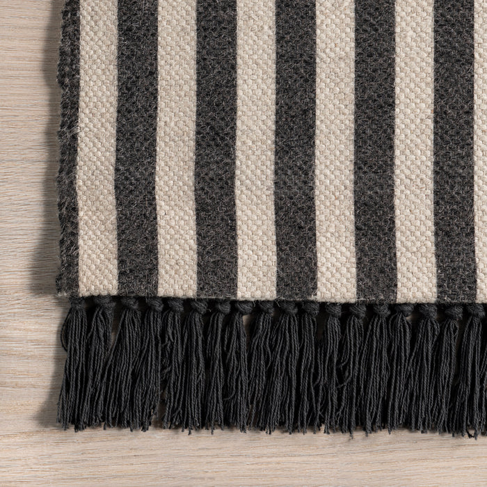 Black Striped Tasseled Wool Area Rug 152 cm x 244 cm