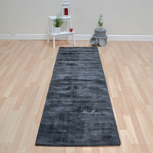 Blade Modern Plain Distressed Shimmer Hand-Woven Textured Silky Viscose Flatweave Charcoal Runner 66 x 240 cm