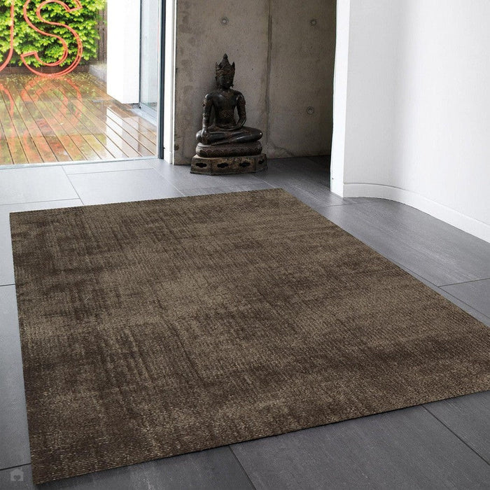 Blade Modern Plain Distressed Shimmer Hand-Woven Textured Silky Viscose Flatweave Chocolate Rug