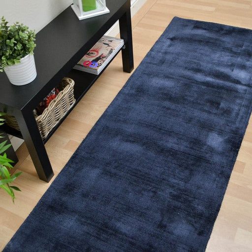 Blade Modern Plain Distressed Shimmer Hand-Woven Textured Silky Viscose Flatweave Navy Runner