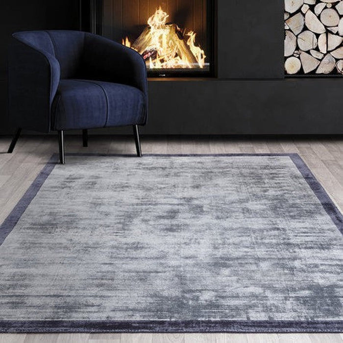 Blade Slim Border Modern Plain Distressed Shimmer Hand-Woven Textured Silky Viscose Flatweave Airforce Blue/Navy Border Rug