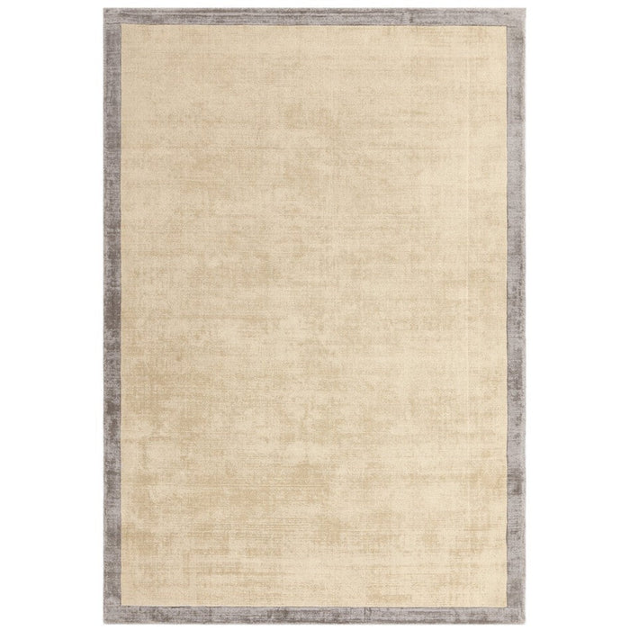 Blade Slim Border Modern Plain Distressed Shimmer Hand-Woven Textured Silky Viscose Flatweave Putty/Silver Border Rug