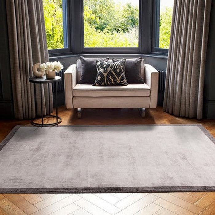 Blade Slim Border Modern Plain Distressed Shimmer Hand-Woven Textured Silky Viscose Flatweave Silver/Grey Border Rug