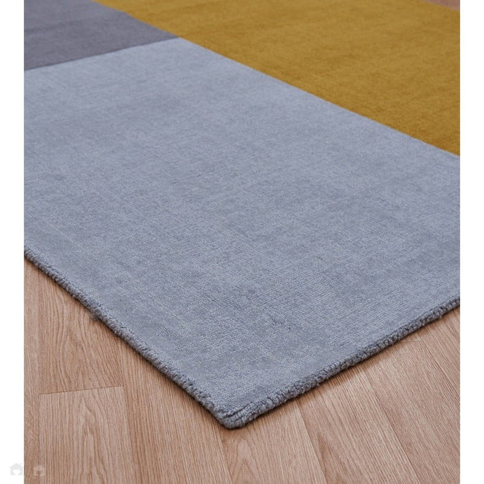 Blox Modern Plain Geometric Hand-Woven Textured Low-Pile Wool Mustard Yellow/Silver/Grey Rug