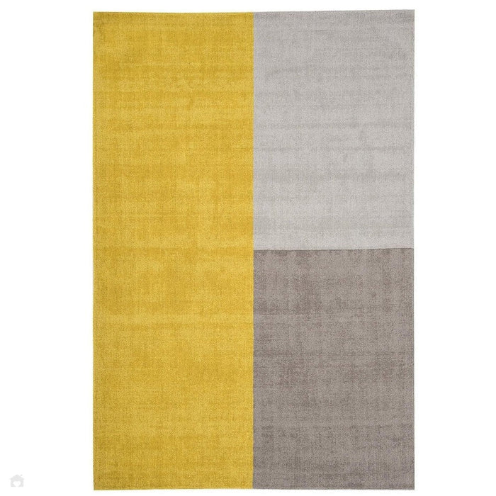 Blox Modern Plain Geometric Hand-Woven Textured Low-Pile Wool Mustard Yellow/Silver/Grey Rug