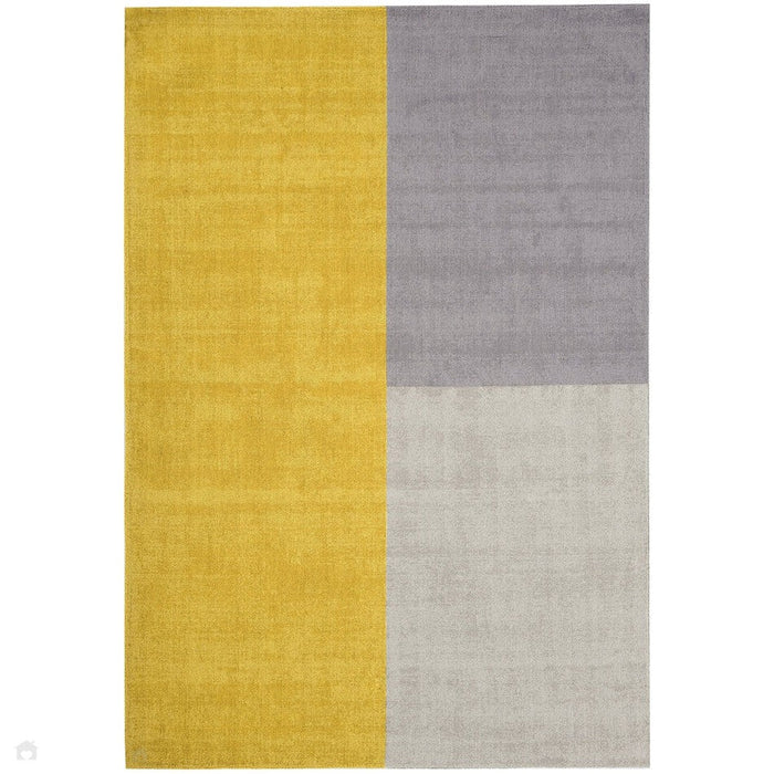 Blox Modern Plain Geometric Hand-Woven Textured Low-Pile Wool Mustard Yellow/Silver/Grey Rug