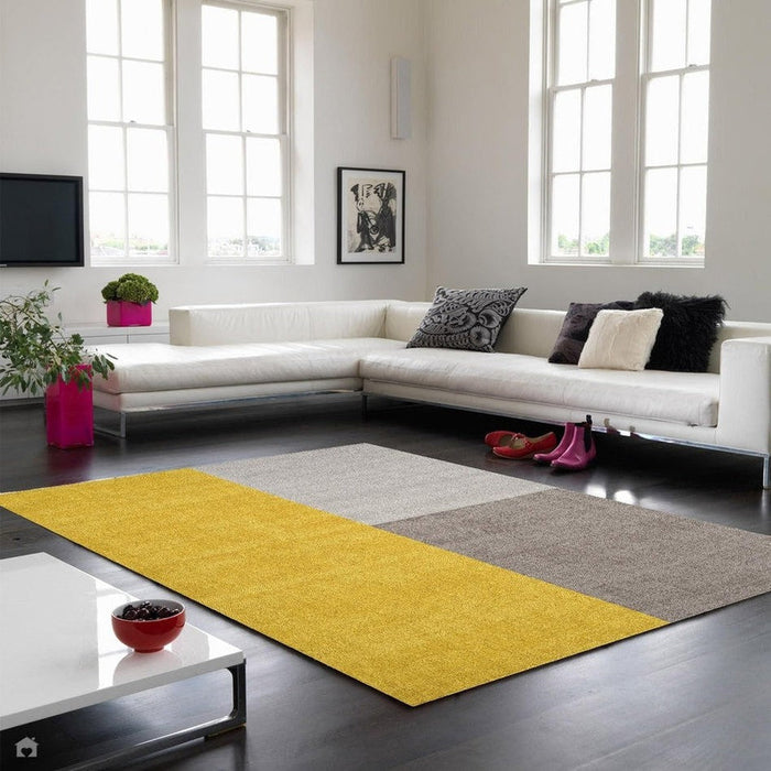 Blox Modern Plain Geometric Hand-Woven Textured Low-Pile Wool Mustard Yellow/Silver/Grey Rug