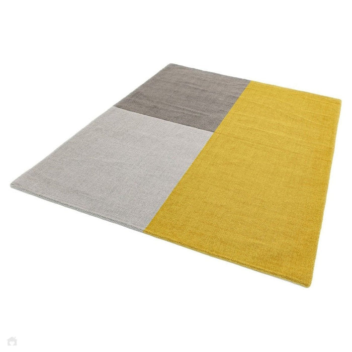 Blox Modern Plain Geometric Hand-Woven Textured Low-Pile Wool Mustard Yellow/Silver/Grey Rug