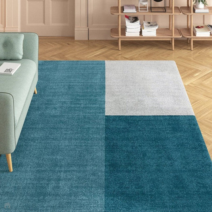 Blox Modern Plain Geometric Hand-Woven Textured Low-Pile Wool Teal/Grey Rug