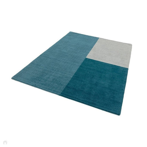 Blox Modern Plain Geometric Hand-Woven Textured Low-Pile Wool Teal/Grey Rug