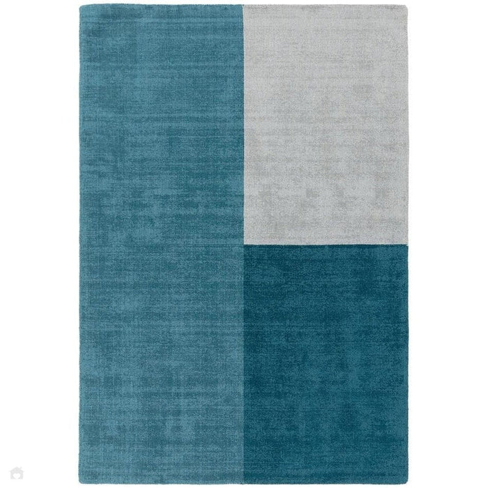 Blox Modern Plain Geometric Hand-Woven Textured Low-Pile Wool Teal/Grey Rug