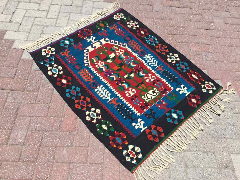 Blue Boho Kilim Rug 112cm x 100cm Professionally Cleaned