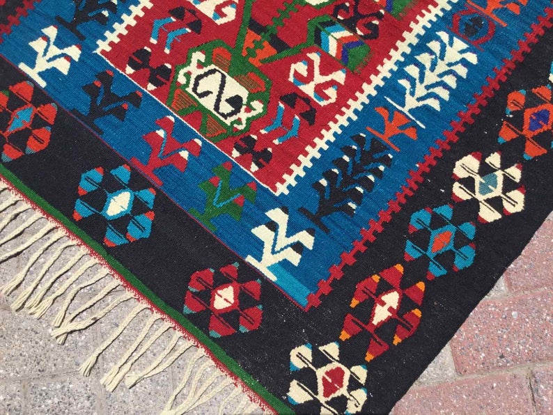 Blue Boho Kilim Rug 112cm x 100cm Professionally Cleaned