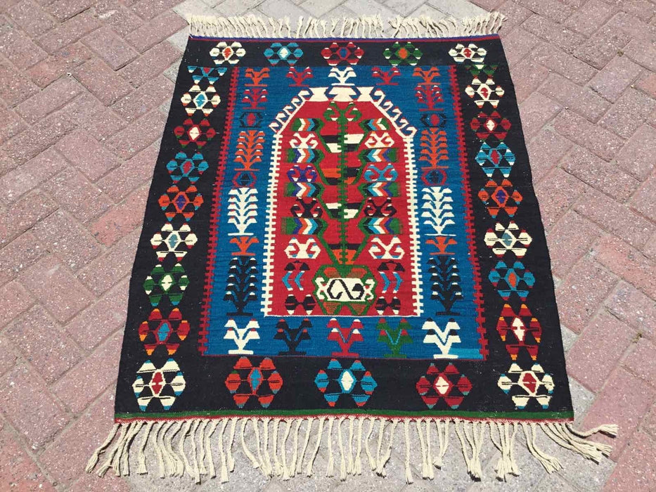 Blue Boho Kilim Rug 112cm x 100cm Professionally Cleaned