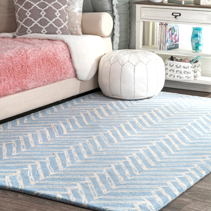 Blue Chevron Wool Area Rug 150x230 cm