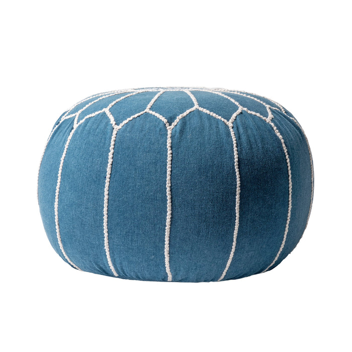 Blue Embroidered Cotton Pouf for Living Room Seating