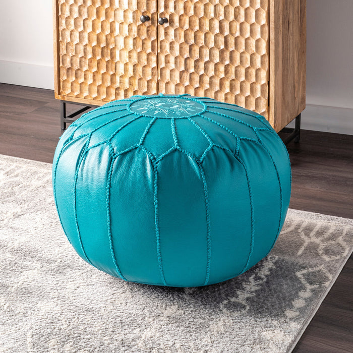 Blue Faux Leather Pouf for Living Room Seating and Decor