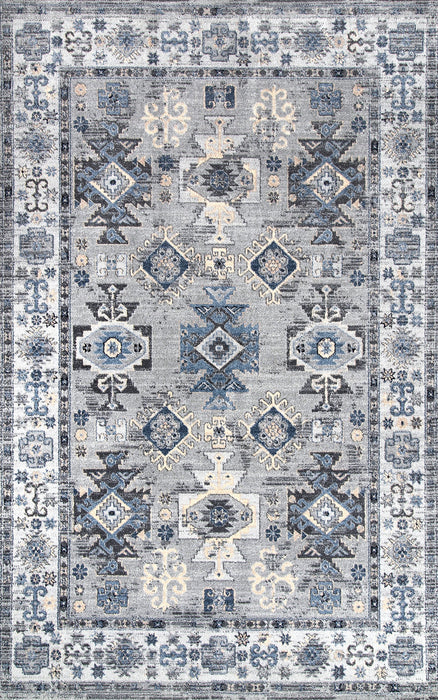 Blue Feudal Tribal Area Rug Soft Fibers Stylish Design