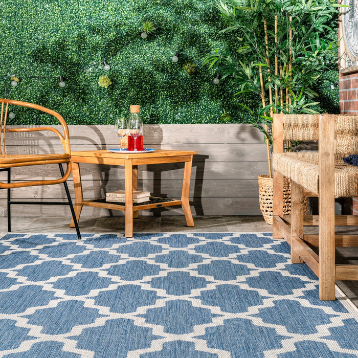 Blue Moroccan Trellis Area Rug for Indoor and Outdoor Use