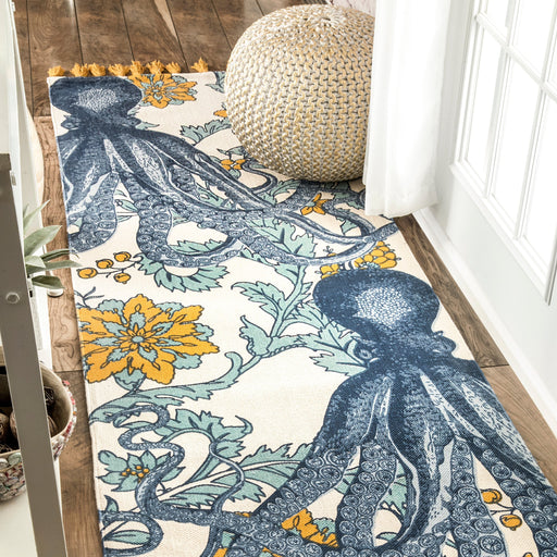 Blue Multicolor Octopus Cotton Area Rug 150x240 cm