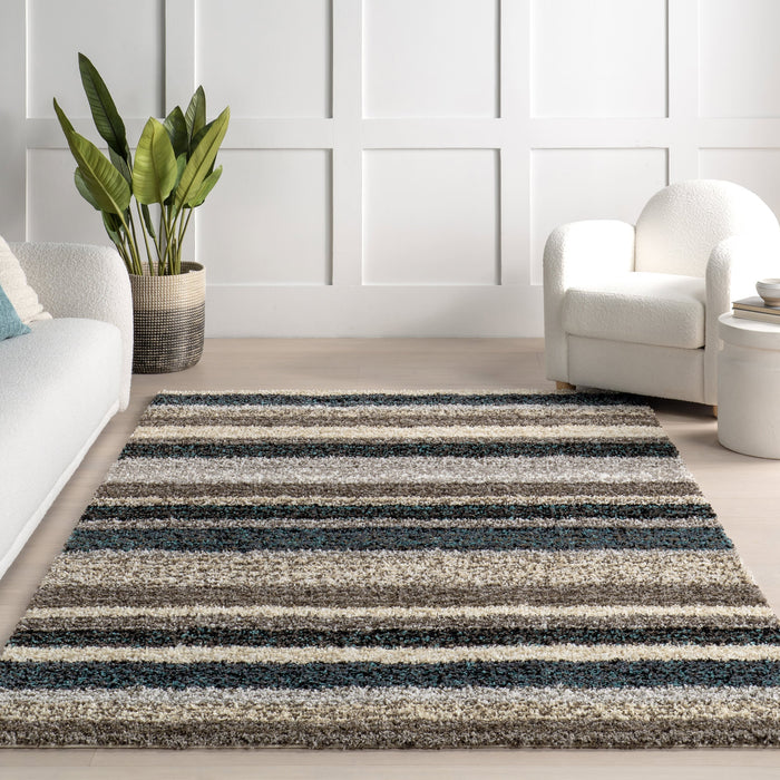 Blue Multicolor Striped Shag Area Rug 120 cm x 180 cm