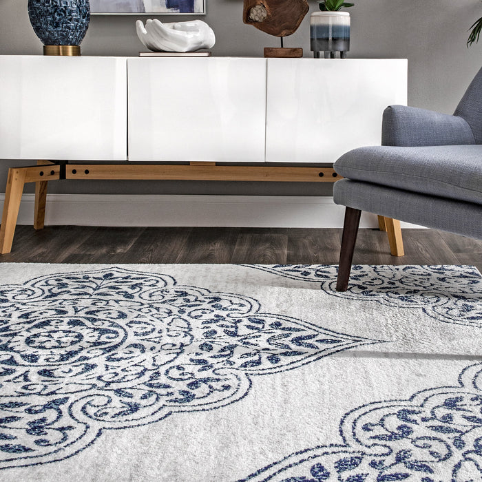 Blue Rosette Patterned Area Rug 120cm