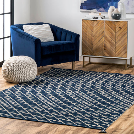 Blue Trellis Pattern Area Rug With Tassels 120x180 cm